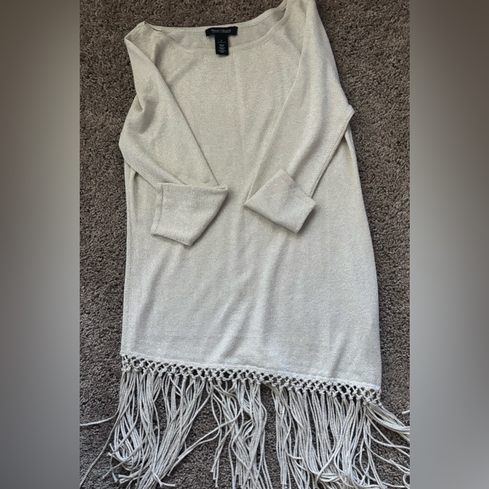 White House Black Market Cream Turtleneck Sweater with Fringe